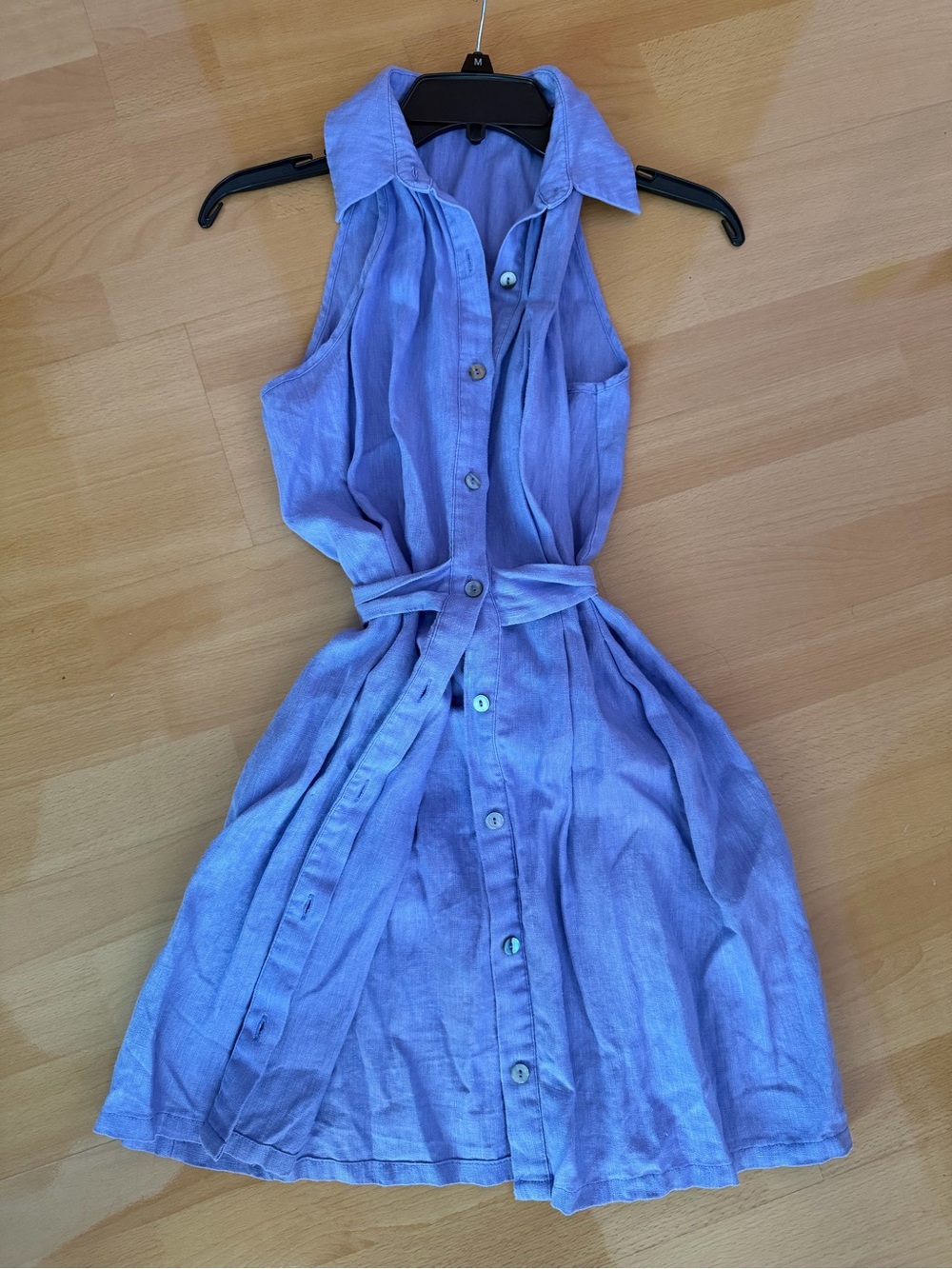 HEVRON Sleeveless Button-Front Blue Shirt Dress with Waist Tie